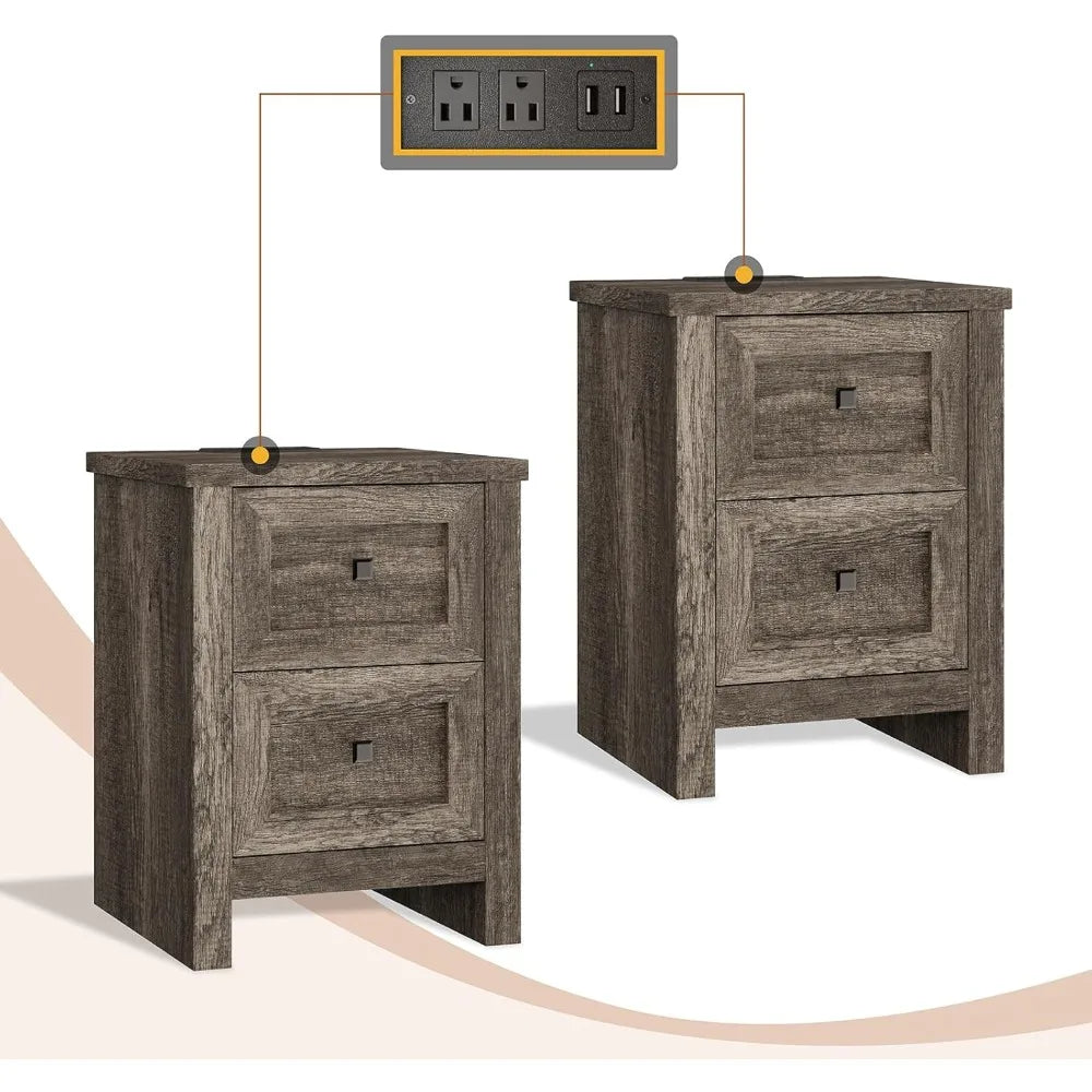 Set of 2 Farmhouse Nightstands – Rustic Bedside Tables with Storage & Charging Outlets