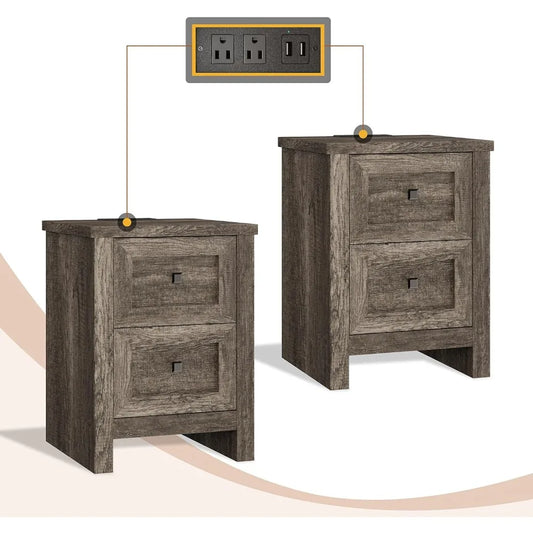 Set of 2 Farmhouse Nightstands – Rustic Bedside Tables with Storage & Charging Outlets