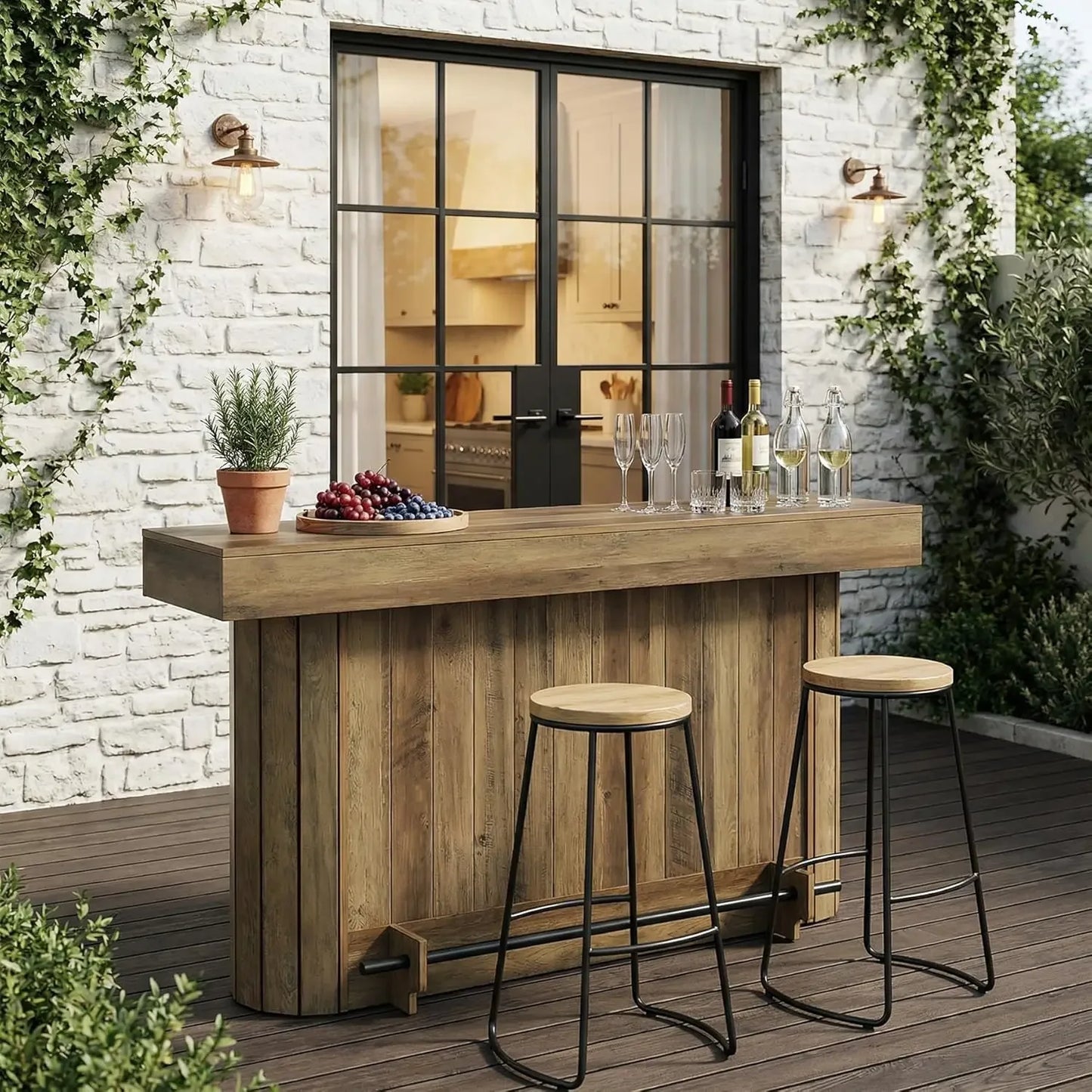 63-Inch, 3-Tier Wooden Home Bar Table with Metal Footrest