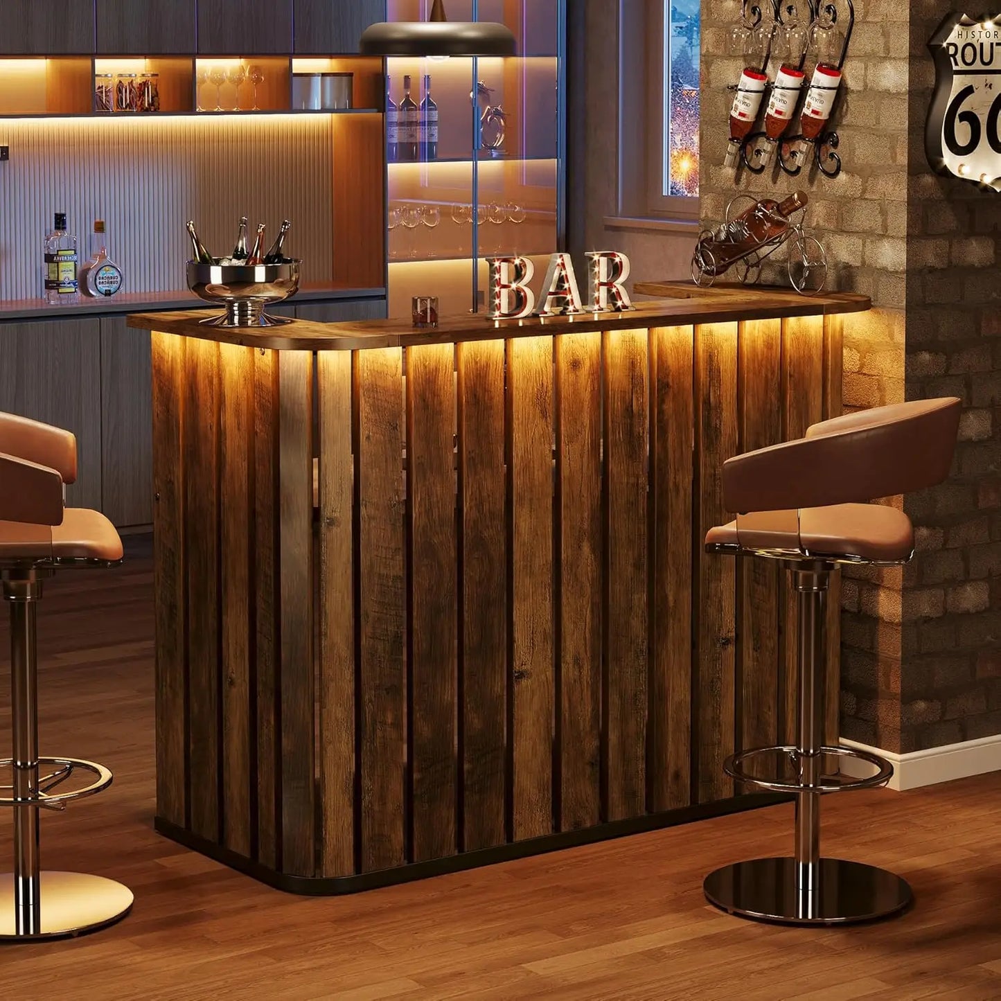 63-Inch Home Bar Unit with Storage, Shelves, 2-Tier