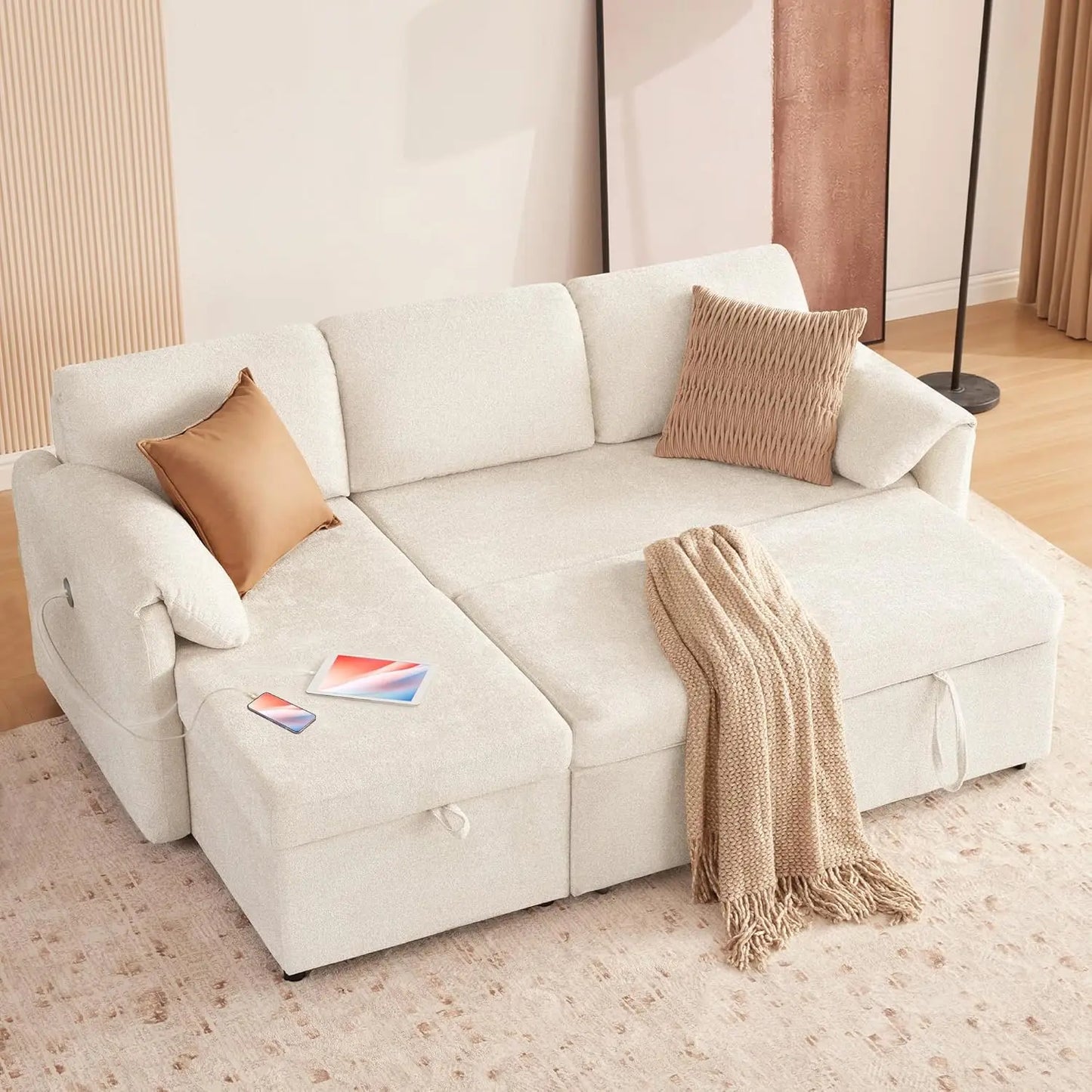 83'' Pull Out Sofa, 3 in 1 Sleeper with USB & Storage Chaise