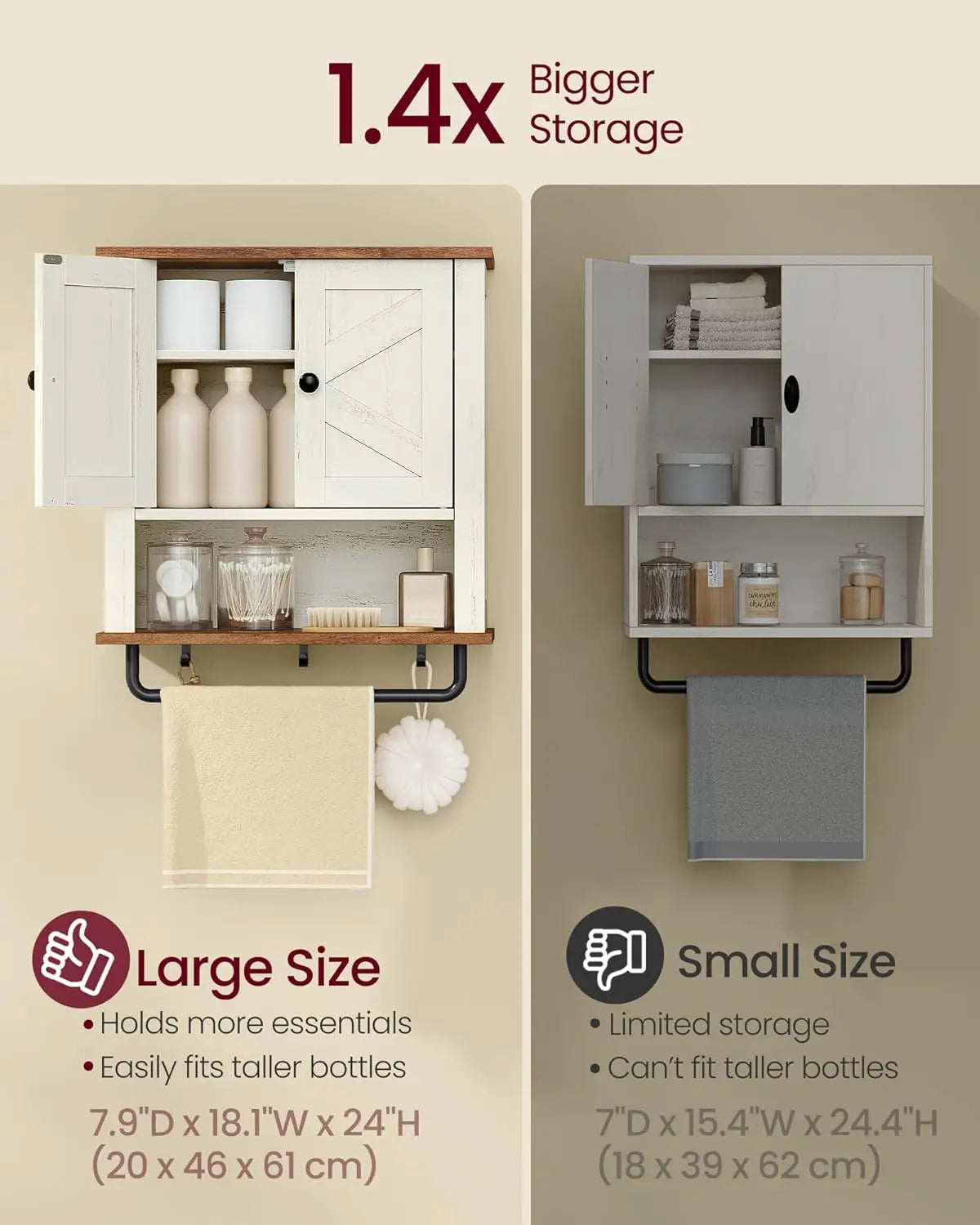 Farmhouse Wall-Mounted Bathroom Cabinet with Adjustable Shelf, Towel Bar, and Barn Doors - Rustic White