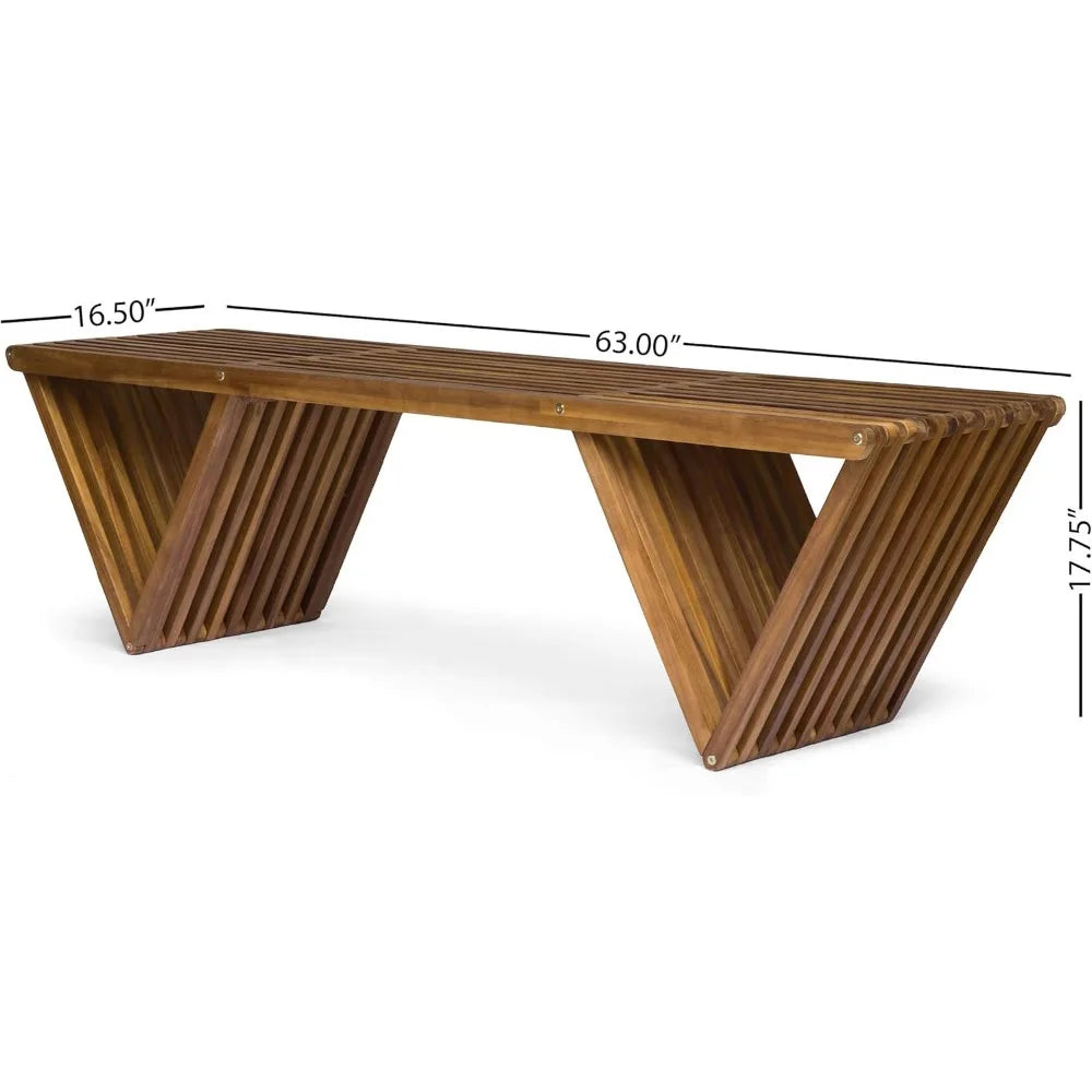 Outdoor Acacia Wood Bench, Teak Finish Brown, 17.75"D x 63"W x 16.5"H