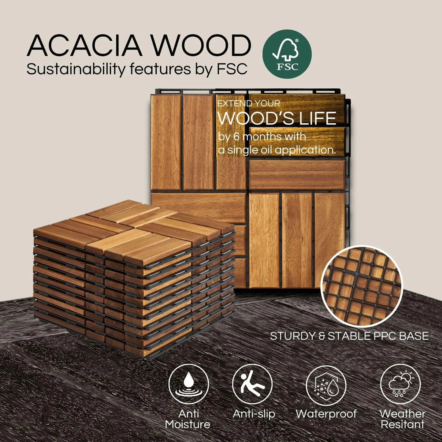 Acacia Wood Premium Deck Tiles 10- Pcs Outdoor,  Waterproof, Golden Teak Crossed Pattern 10 Sq Feet