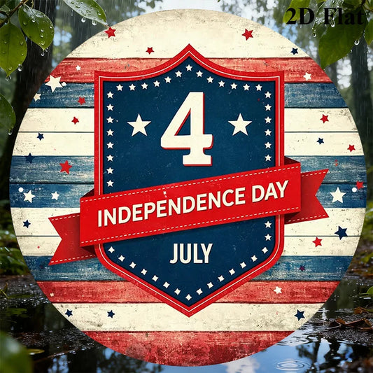Vintage 8x8 Inch 4th of July Round Sign, Patriotic Independence Day Decor Plaque for Home