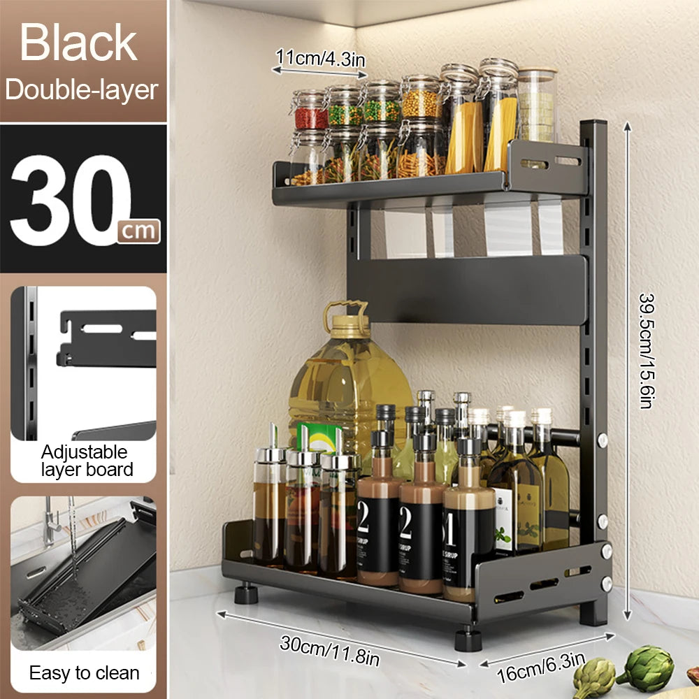 3‑Tier Spice Storage Rack – Adjustable Countertop Organizer, Metal Shelf in Black