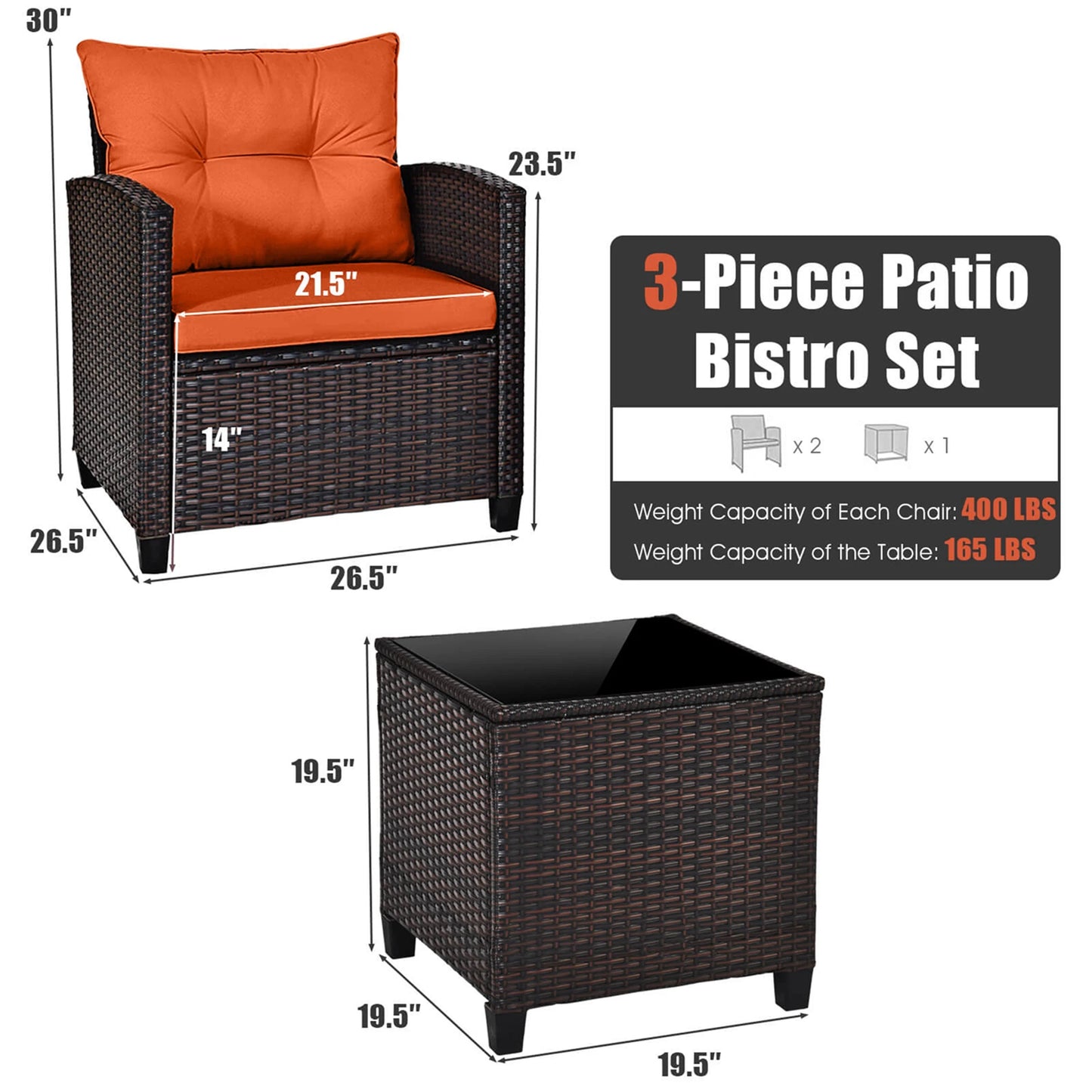 3‑Piece Patio Rattan Furniture Set – Outdoor Chairs & Table with Cushions