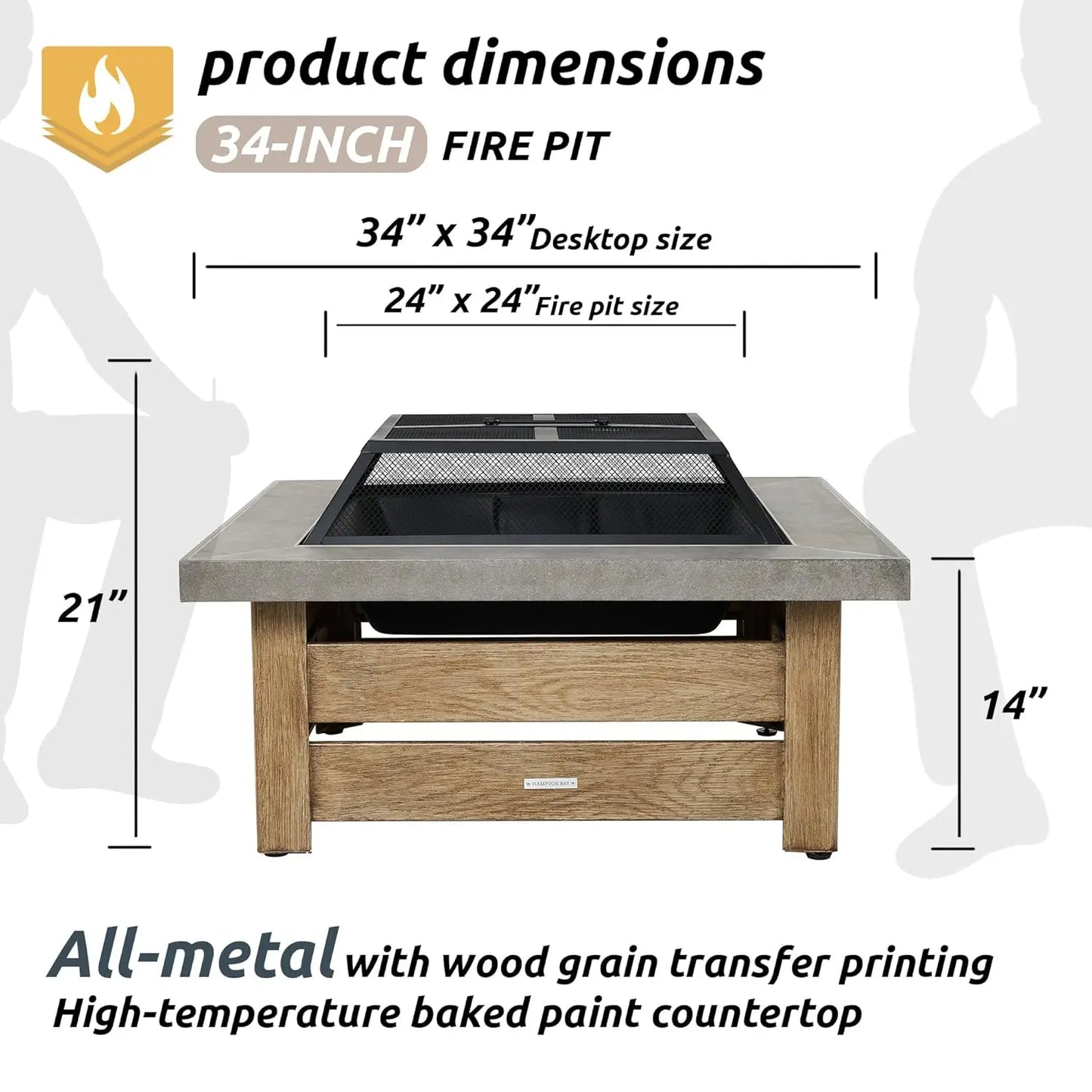 34" Wood Burning Fire Pit with Wood-Grain Side Panels with Mesh Cover