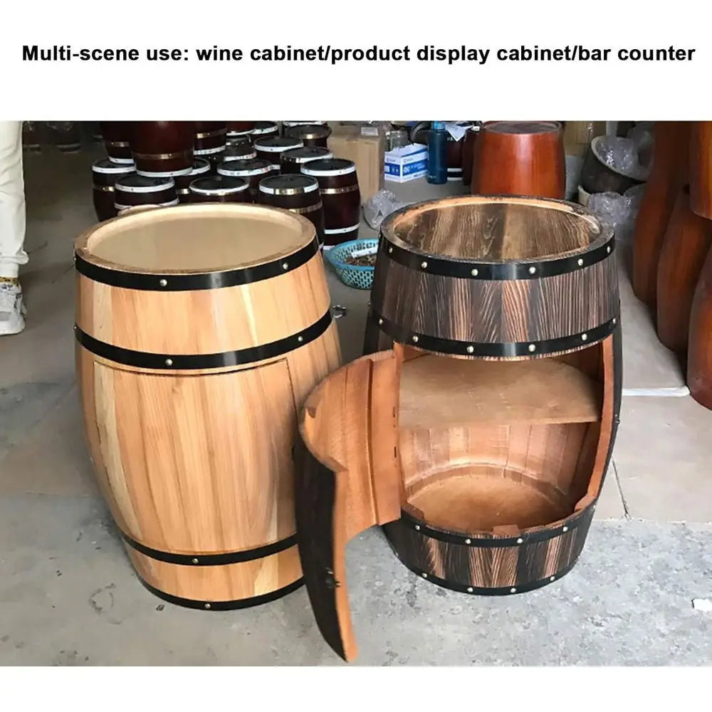 Solid Wood Oak Barrel Wine Cabinet with Locking Door - Decorative Barrel Display - Natural Wood Storage - Perfect Wine Cellar