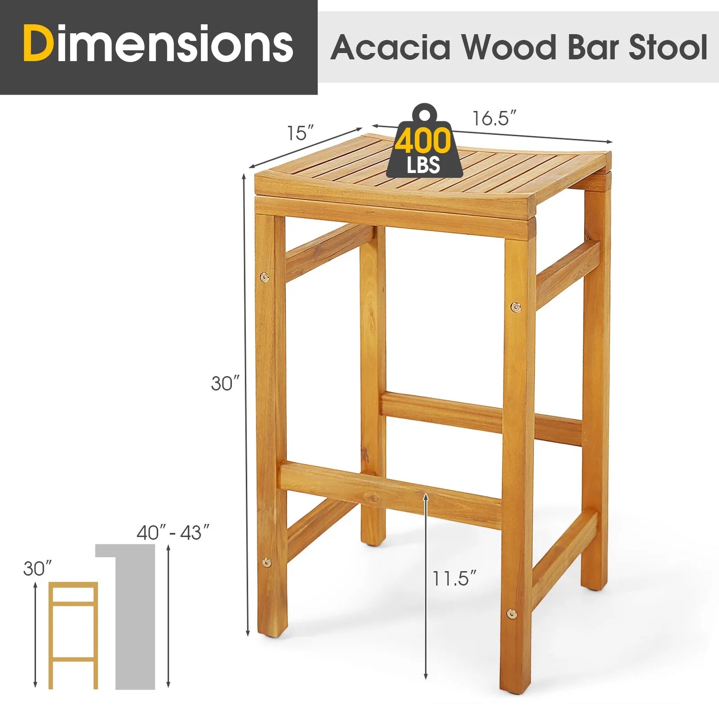 Set of 2 Acacia Wood Bar Stool 30-Inch Height
