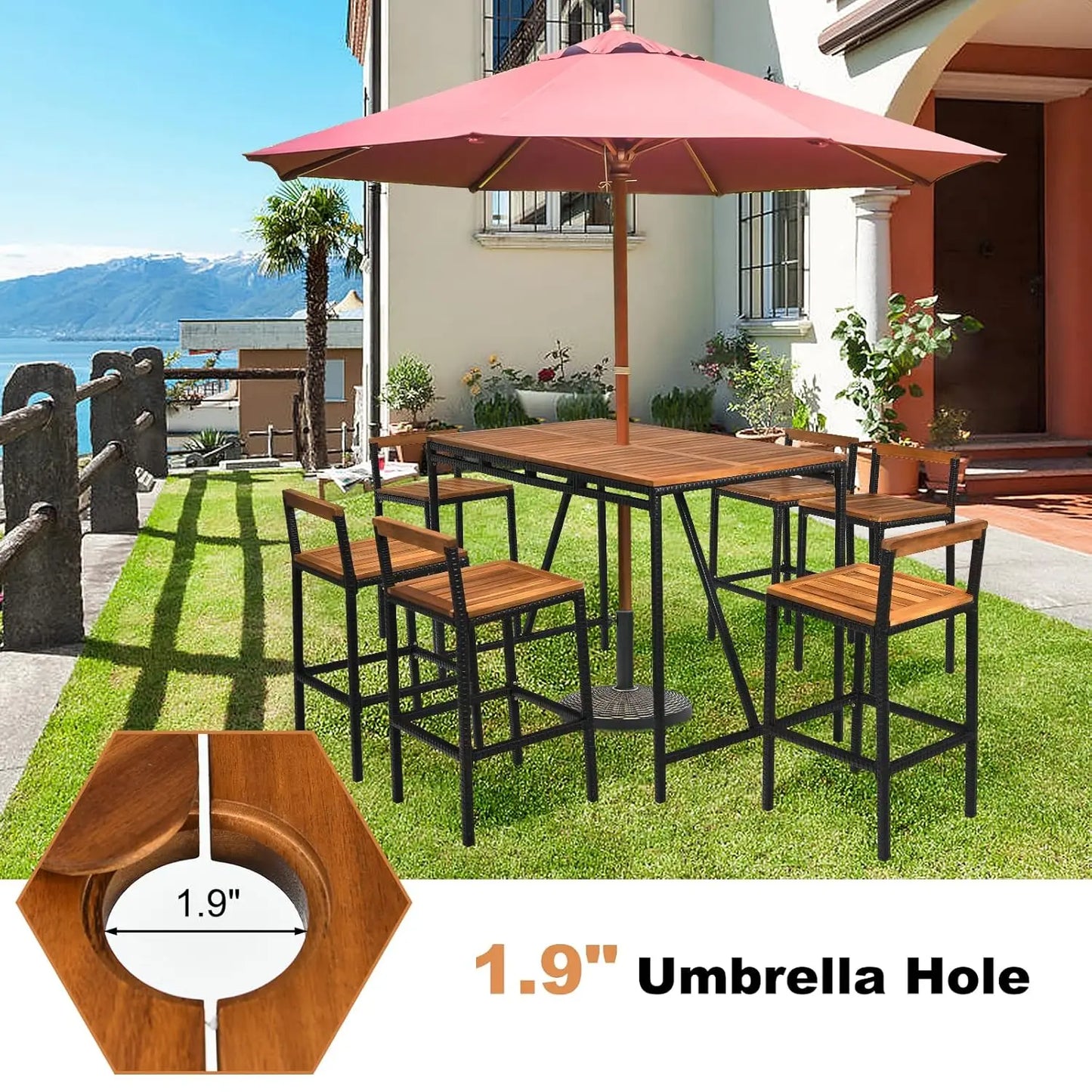 7pc Wood Bar Table Set w/ Umbrella Hole - High Bistro Table & 6 Stools