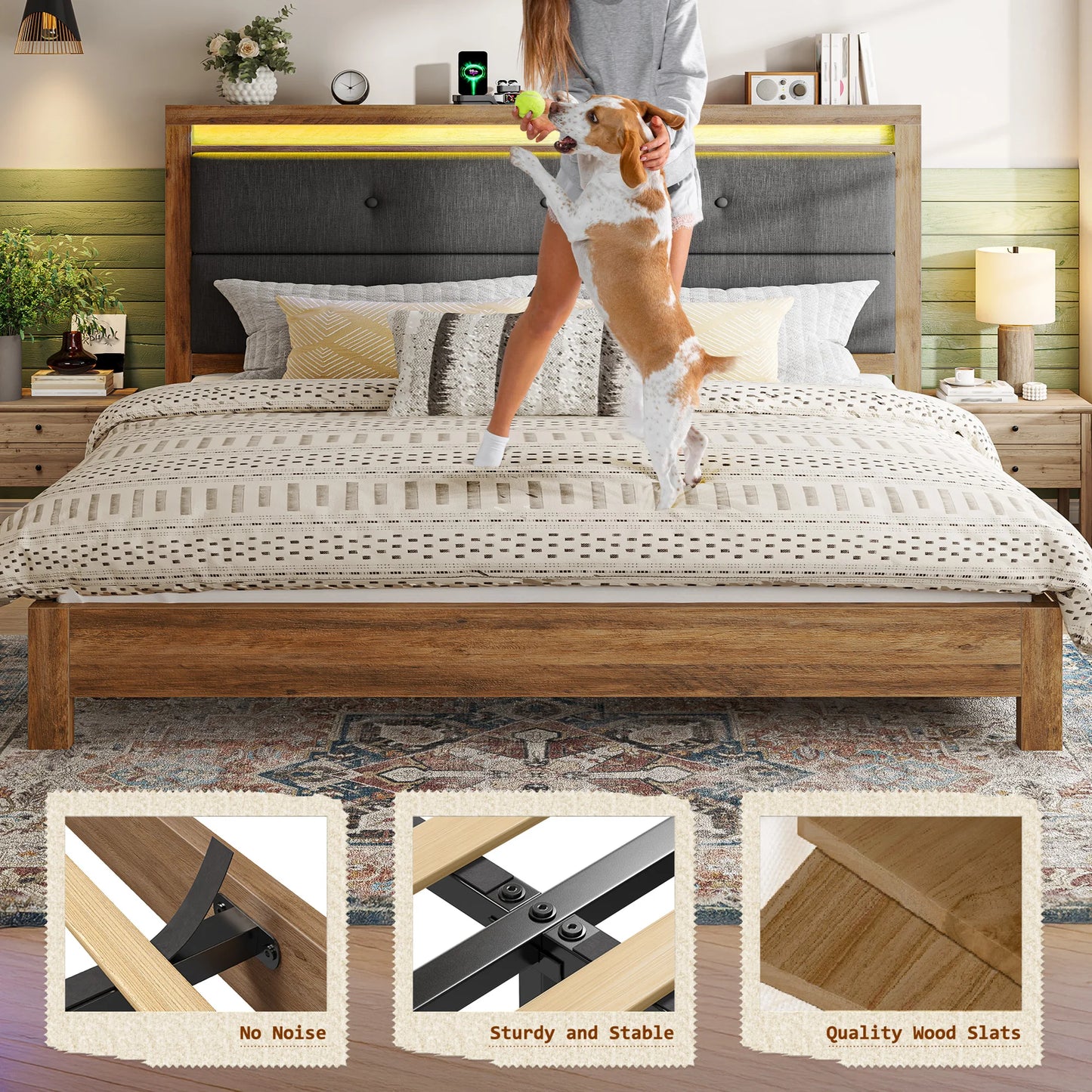 Platform LED Light Bed Frame with Upholstered Headboard with Charging Station, No Box Spring Required