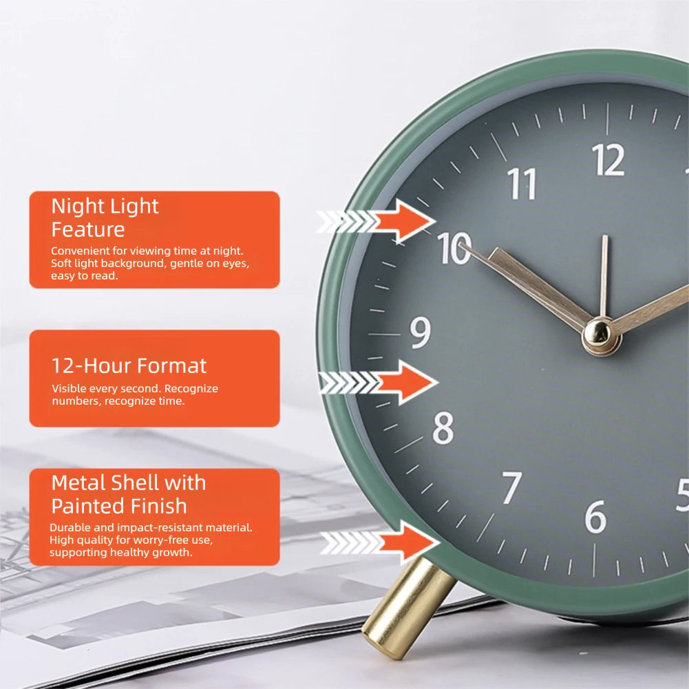 Nordic Retro Analog Desk Clock – Silent Bedside Alarm with Backlight