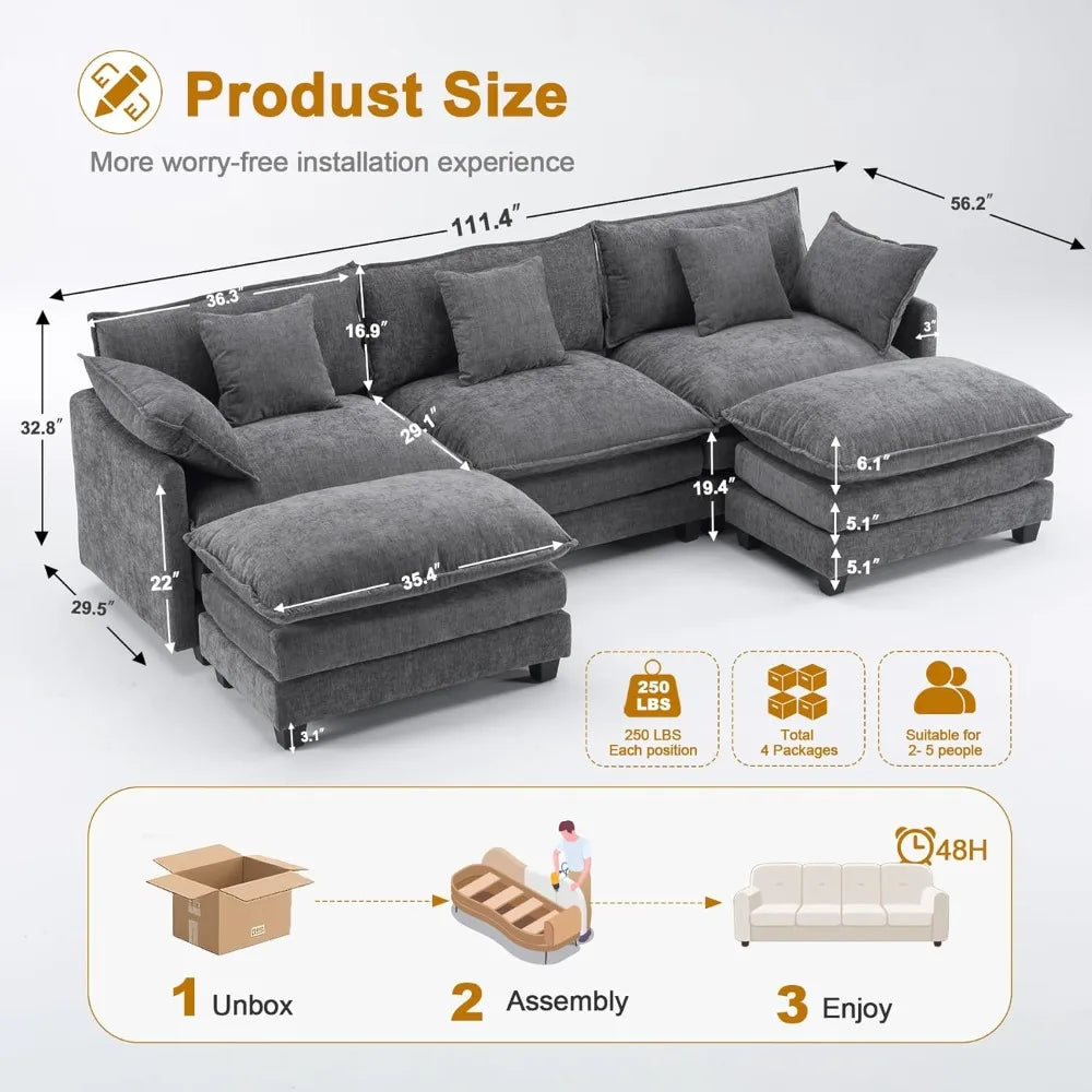 Modular Sectional Sofa with 2 Movable Ottomans, Deep Seats