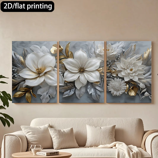 3pc wooden frame canvas decorative painting White gold-toned flower