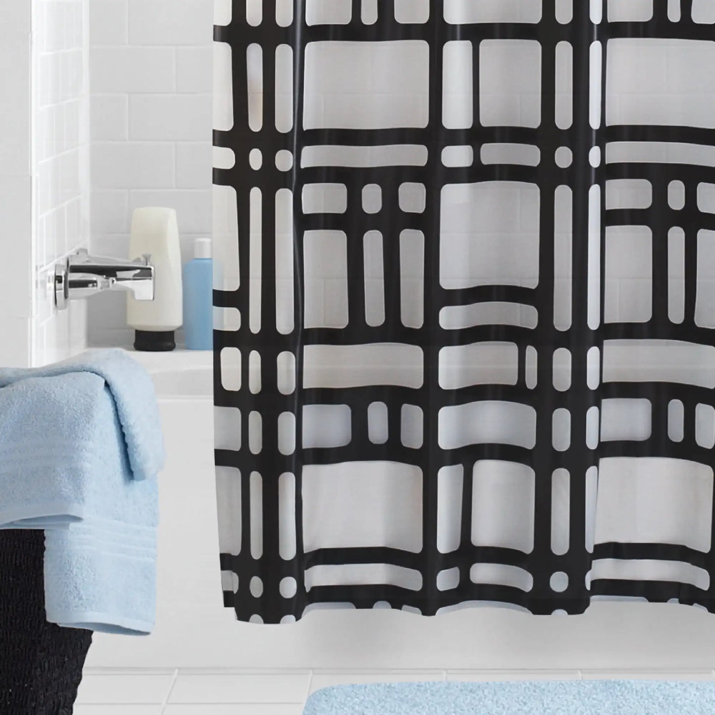 Black shower curtain, 70 inches x 72 inches, geometric design, frosted finish.