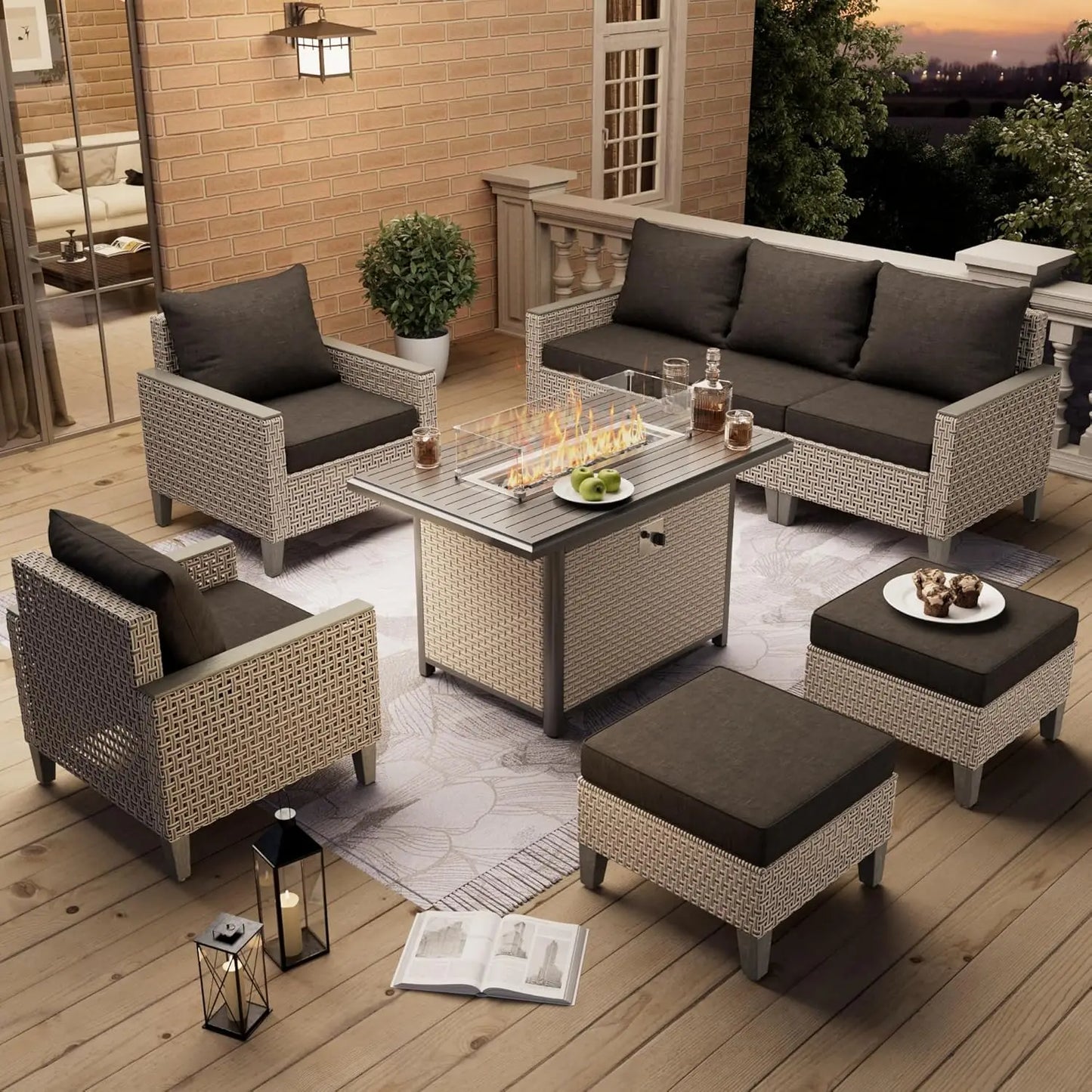 8‑Piece Outdoor Sectional Sofa Set – Fire Pit Table, Ottomans & Thick Cushions, Modern Rattan Design