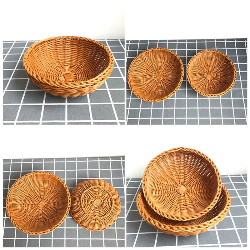 Natural Rattan Fruit Basket – Round Woven Food Storage & Serving Bowl for Bread, Snacks, and Desserts