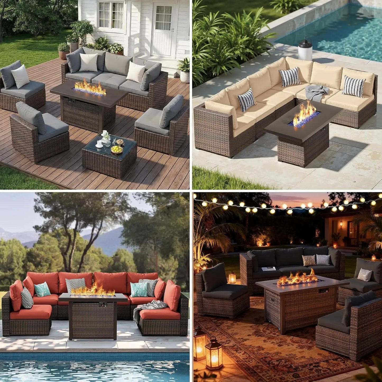 7-Pieces Patio Furniture Sets Outdoor Sectional Sofa with 44'' Propane Rattan Wicker Firepit Table