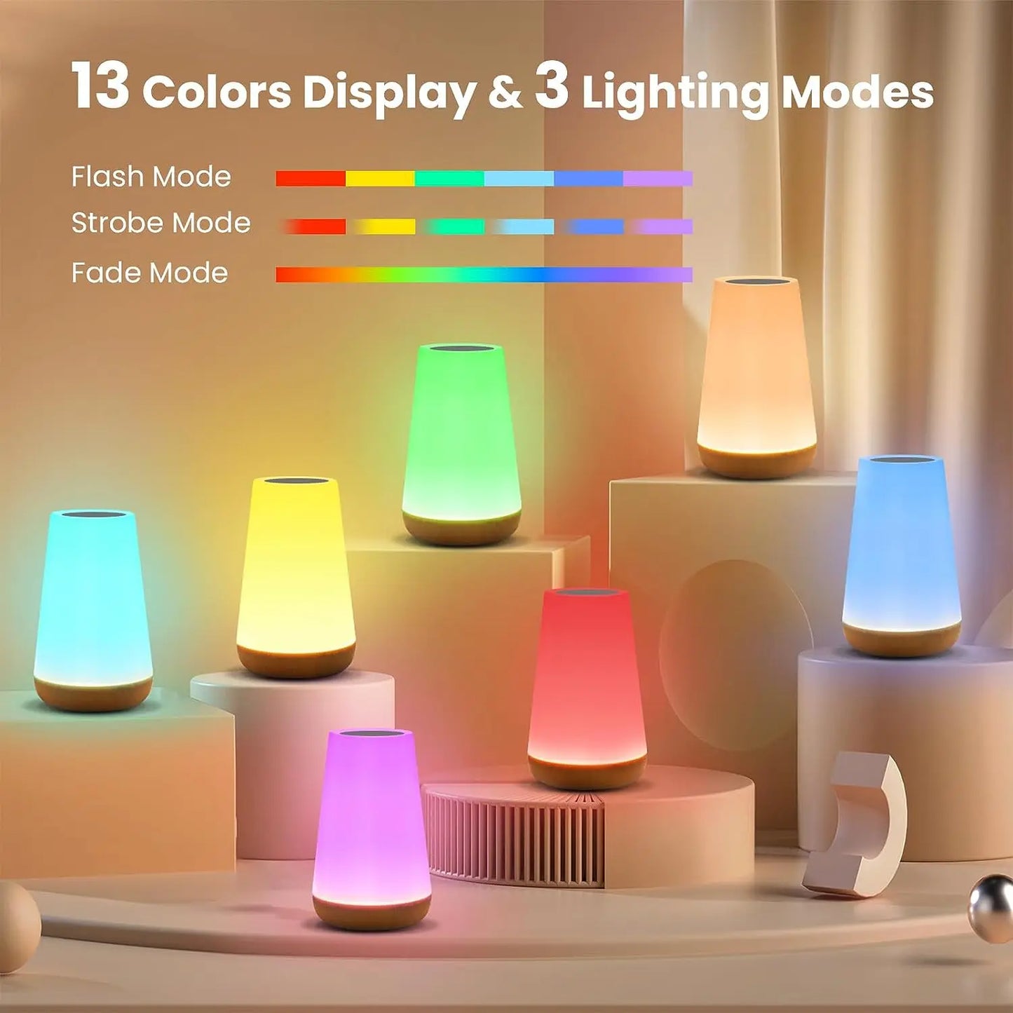 13‑Color Changing Night Light – Touch & Remote Control, USB Rechargeable, Dimmable