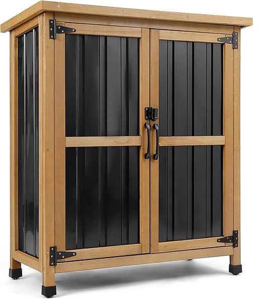 Weatherproof Outdoor Storage Cabinet with Lockable Doors, Wood & Metal