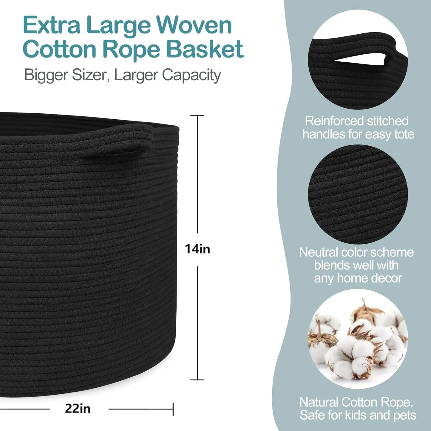 Large Black Woven Rope Storage Basket, 22x22x14 Inch Blanket Holder Toy Organizer
