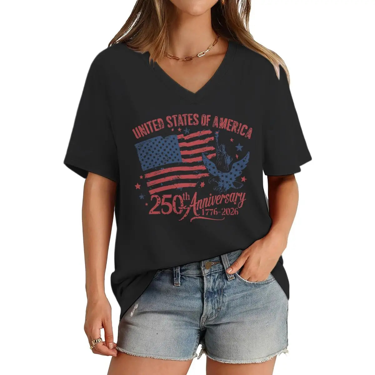 4th of July V-neck T-Shirt Women Clothing America 250th Anniversary Graphic T Shirt 1776-2026 USA 250th Birthday Tops