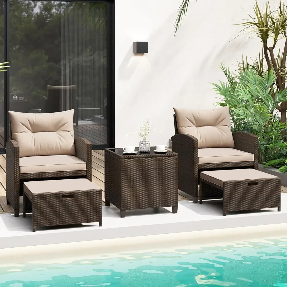 5-Piece Outdoor Patio Furniture Set with Chairs, Ottomans & Glass Table