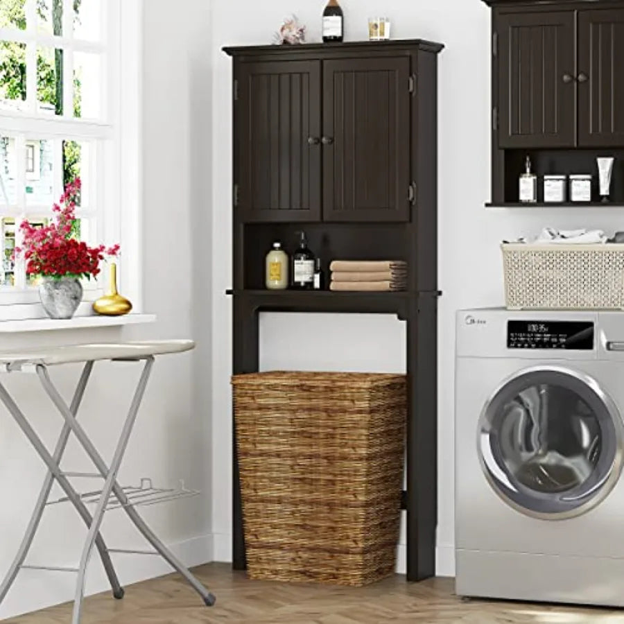 Bathroom Over The Toilet Cabinet Organizer with Adjustable Shelves and Double Doors, Espresso