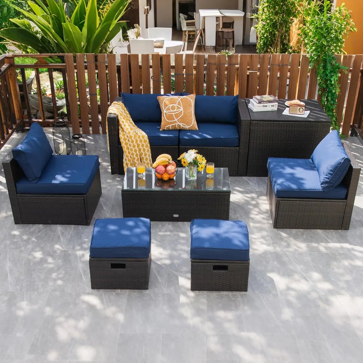 8‑Piece Rattan Outdoor Furniture Set – Sectional Sofa, Chairs, Storage Ottoman & Glass Table, Space‑Saving Design