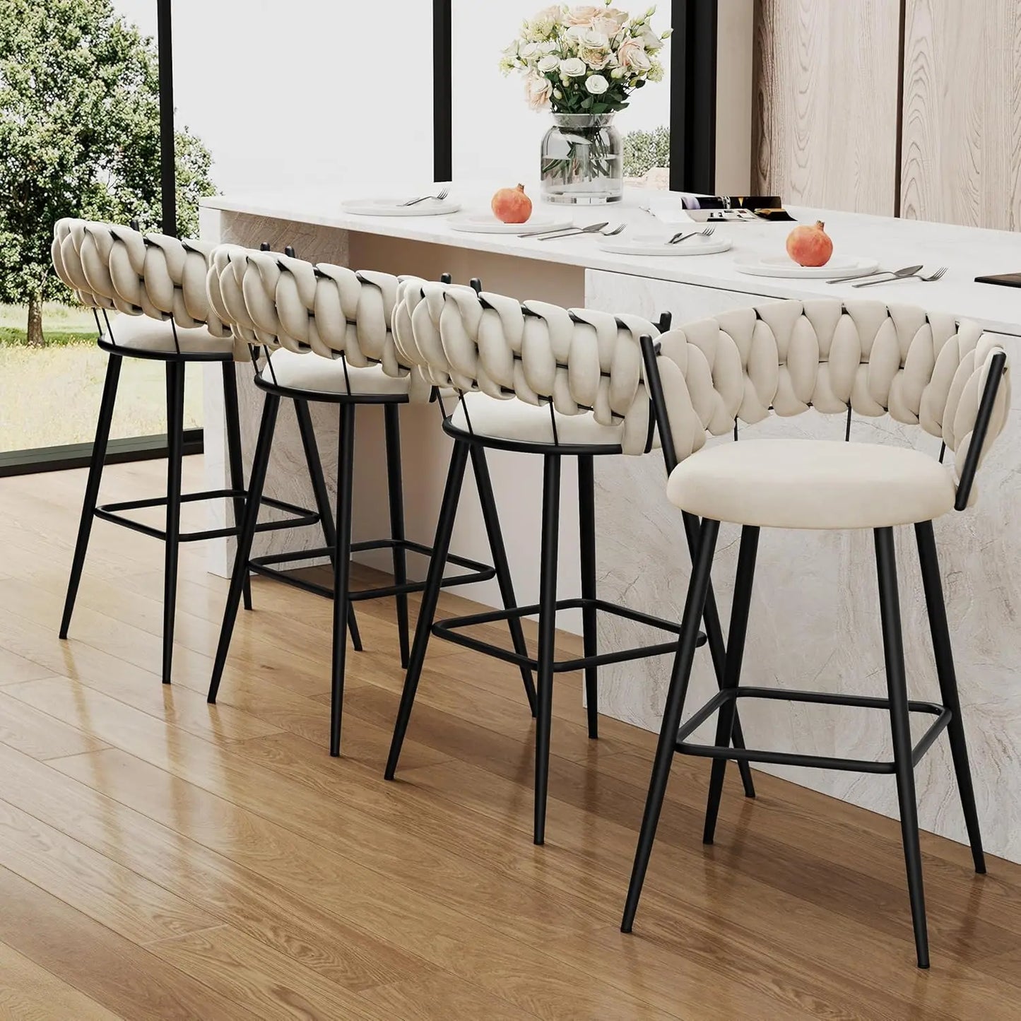 30" Metal Bar Stools (Set of 4) – Modern Counter Chairs with Woven Backrest