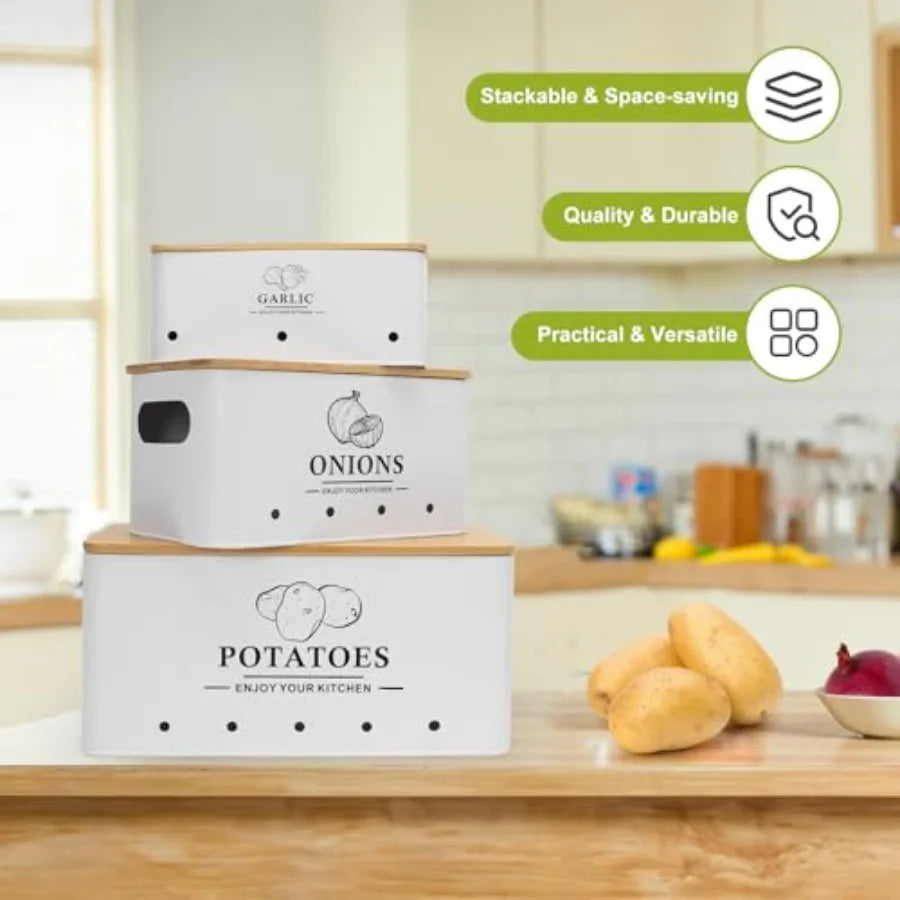 Metal Kitchen Vegetable Storage Set of 3 for Onion Garlic Potato Storage