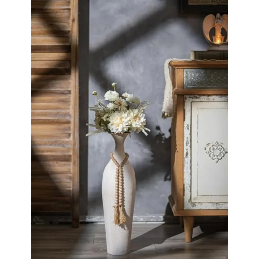 Tall Slender Boho Floor Vase | Matte White Decorative Planter