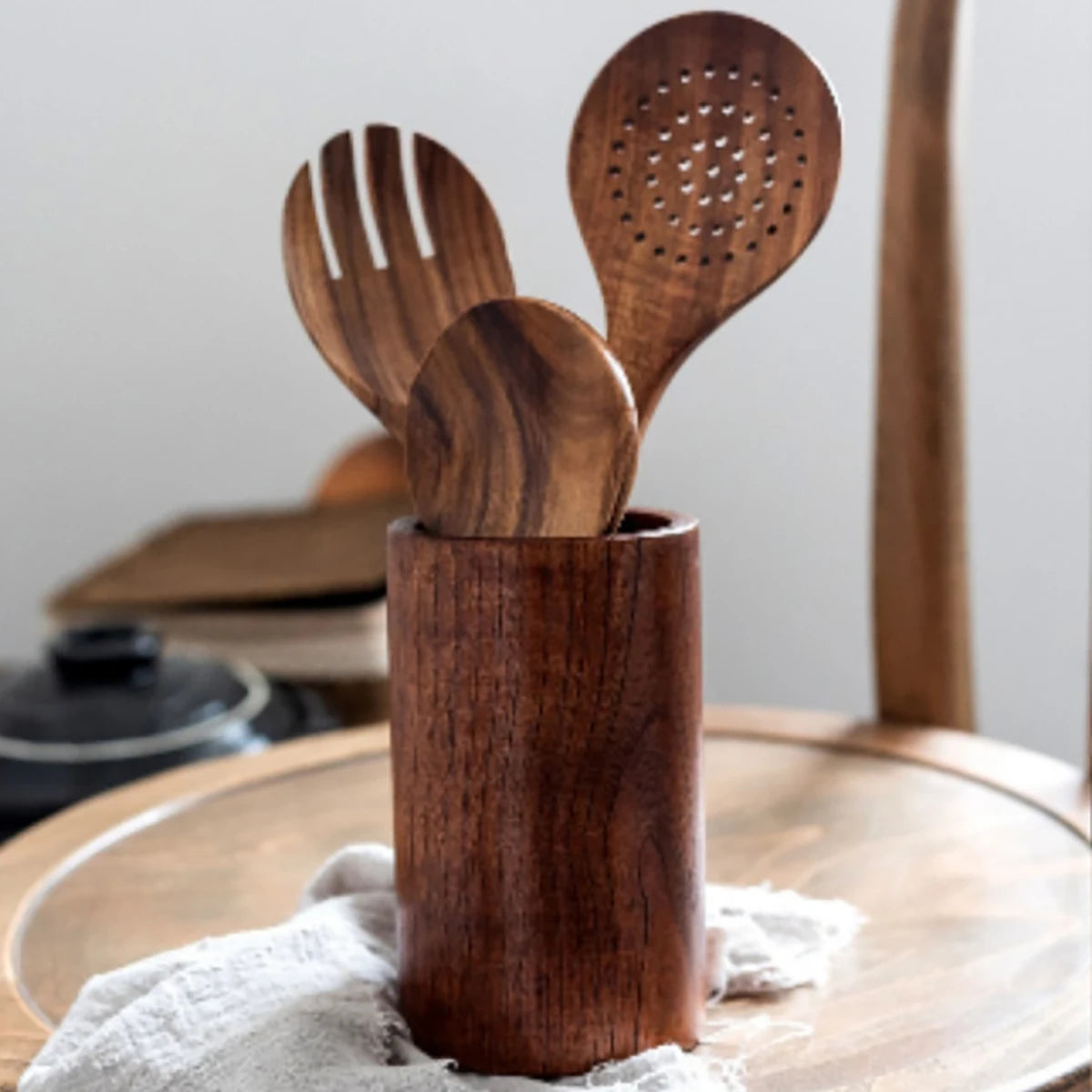 Wood Kitchenware Cooking Set With storage bucket