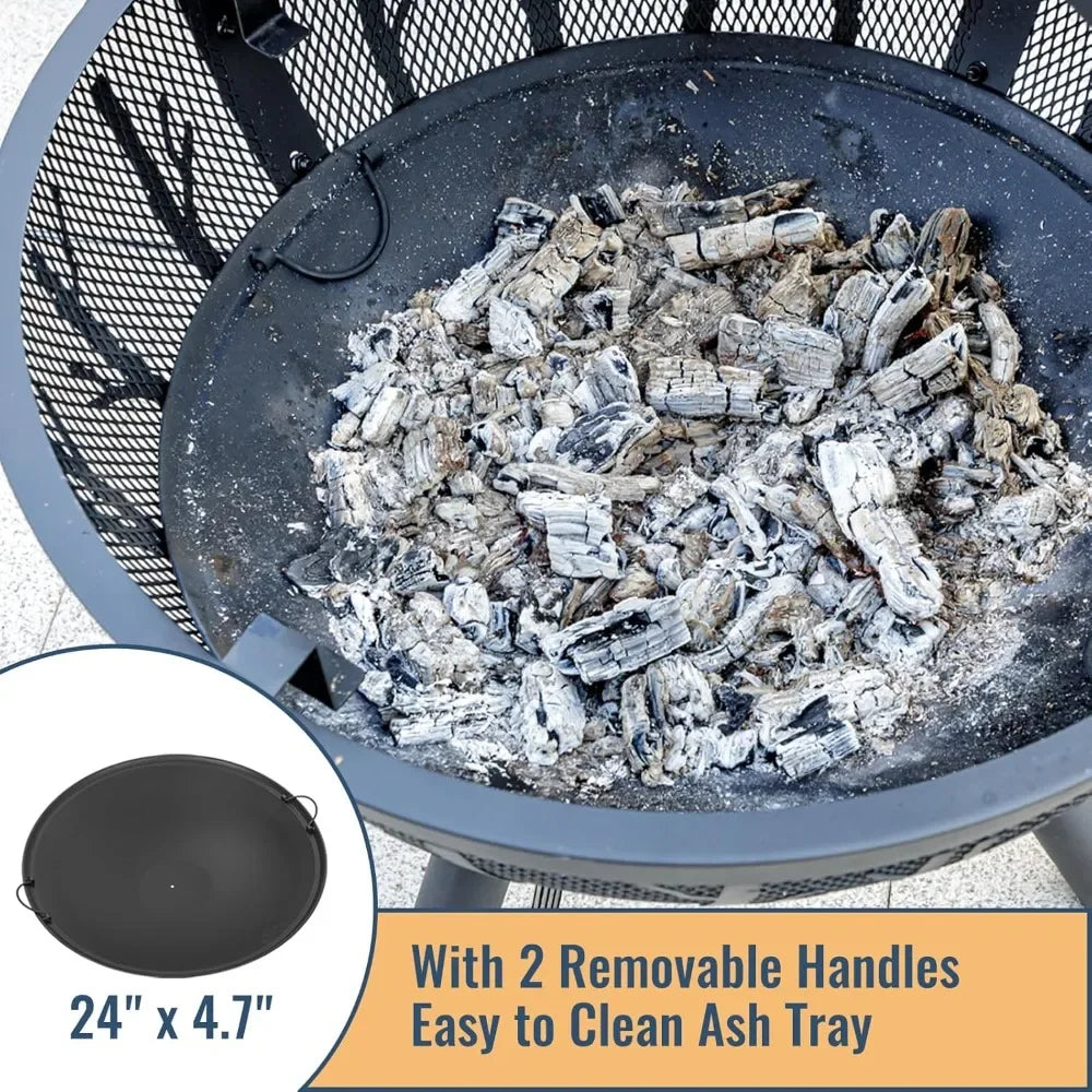35" Wood Burning Fire Pit with BBQ Grill, Heavy Duty Fire Pit Ball for Outside with Spark Screen