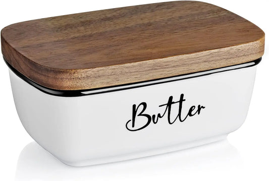 Large White Ceramic Butter Dish – Holds 2 Sticks, Acacia Wood Lid for Modern Kitchen Décor