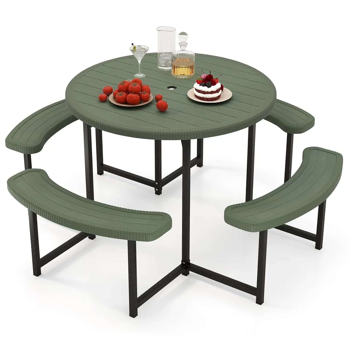 37" Round Picnic Table & Chair Set – Seats 4–8, Outdoor Table with Umbrella Holes