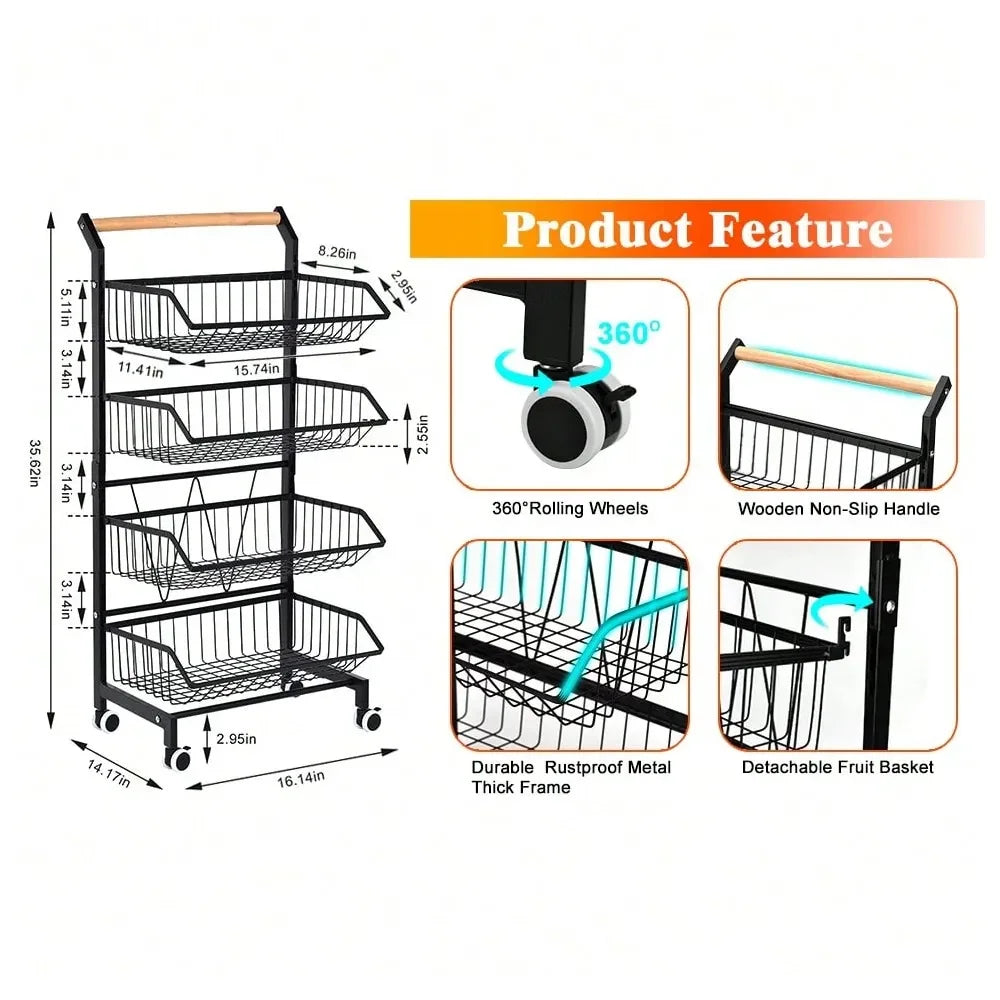 4‑Tier Utility Rolling Storage Cart – Kitchen Pantry Organizer with Solid Wood Handle & 360° Wheels