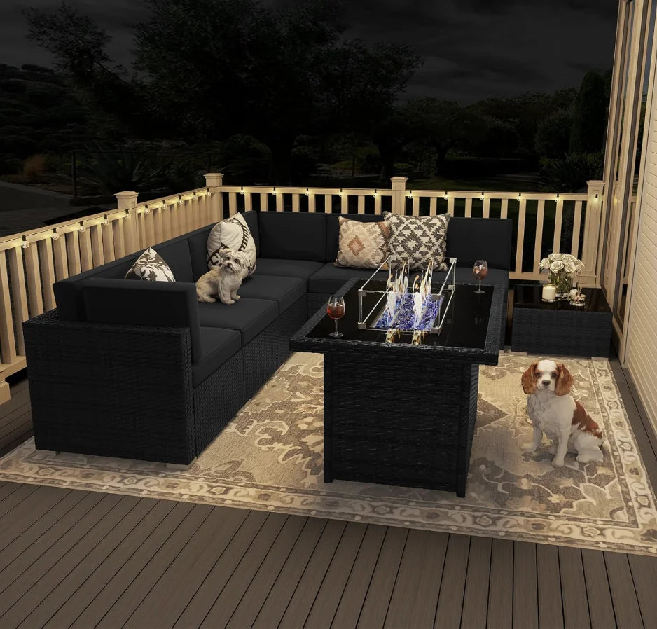 8 Piece Patio Furniture Set with 44" Propane Gas Fire Pit Table, Outdoor Sectional Wicker