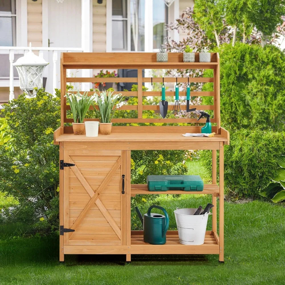 Outdoor Potting Bench with Storage Cabinet Shelf