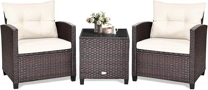 3‑Piece Patio Furniture Set – Outdoor Chairs with Washable Cushions & Tempered Glass Table