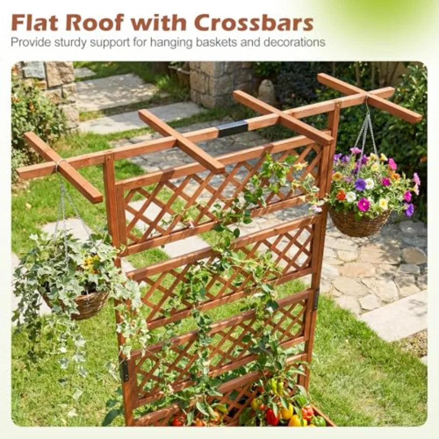 Raised Garden Bed with Trellis 72'' Wooden Planter w/Privacy Screen and Roof  w/Drainage