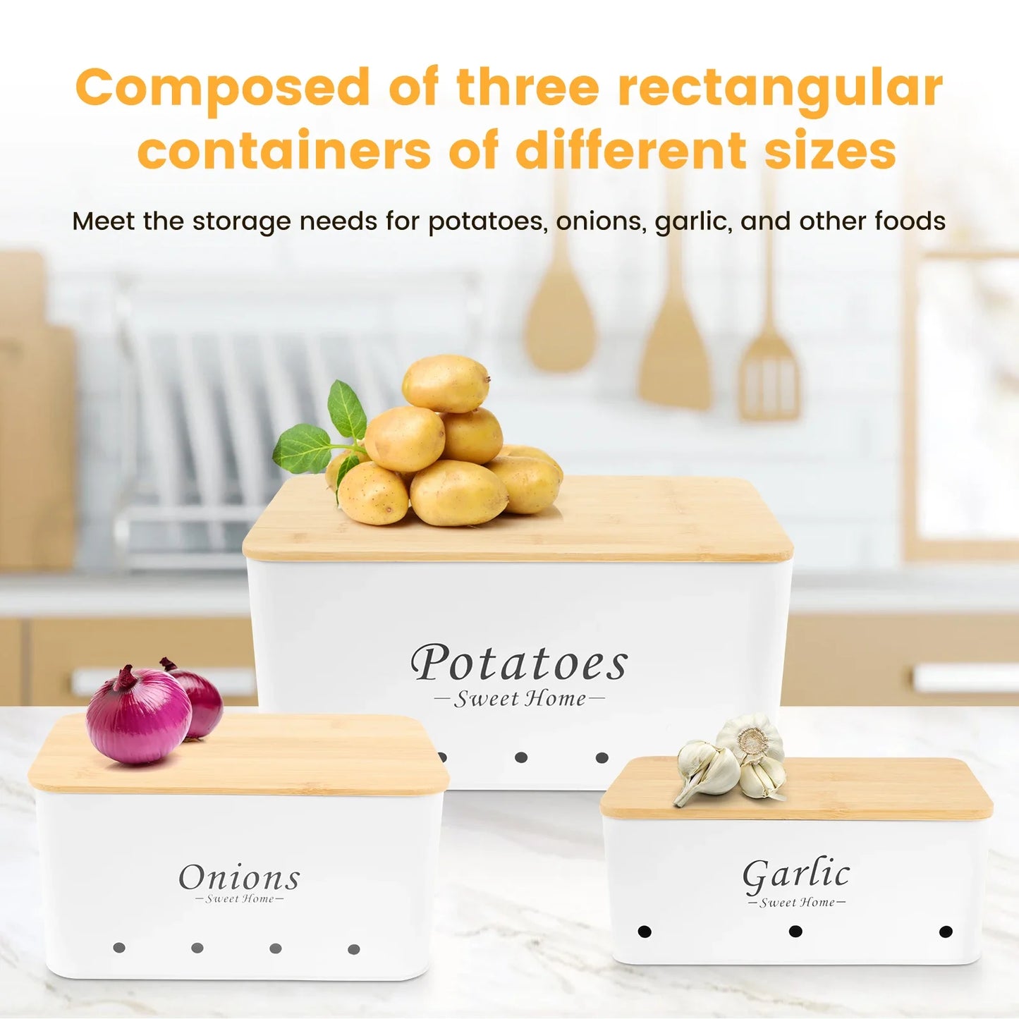 3Pcs Set Onion Garlic Potato Storage Box Carbon Steel with Vent Hole for Vegetables