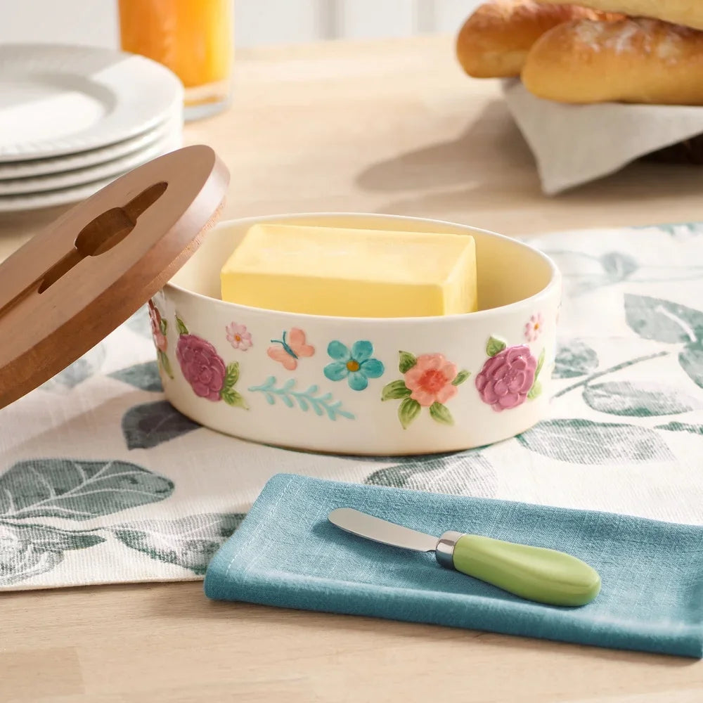Painted Meadow Butter Dish Set – Floral Embossed Stoneware with Acacia Wood Lid & Metal Knife