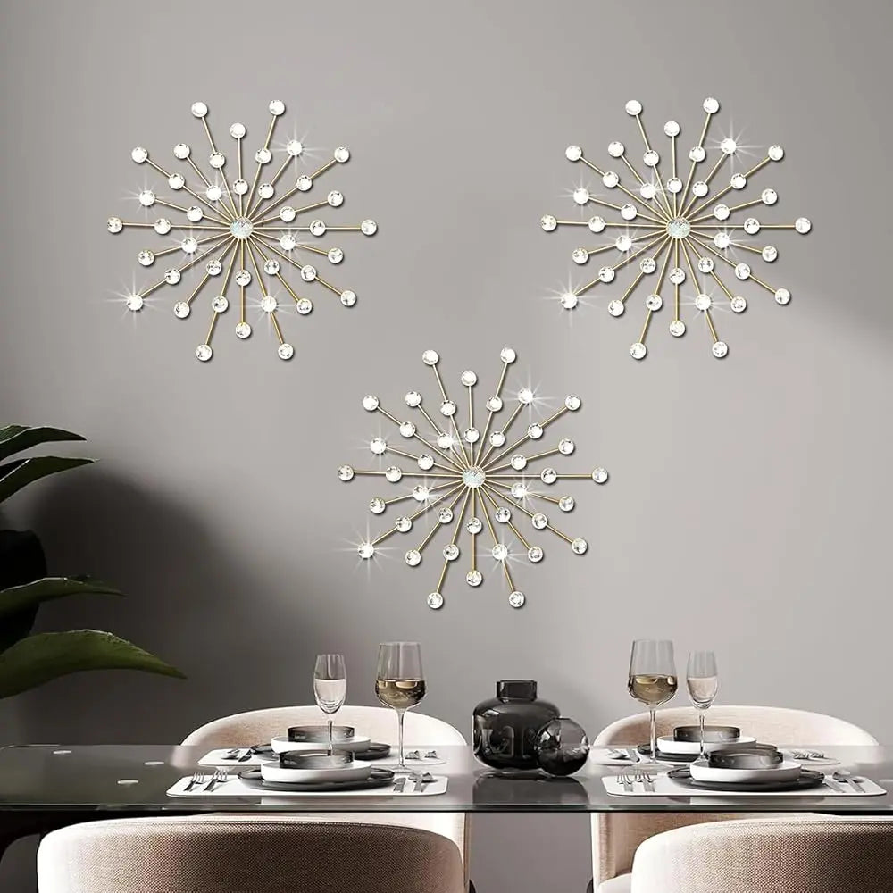 Crystal Home Décor Rhinestone Sun Star Wall Hanging Diamond Accents 18x18. 3 Set Metal Jeweled Wall Art Bling