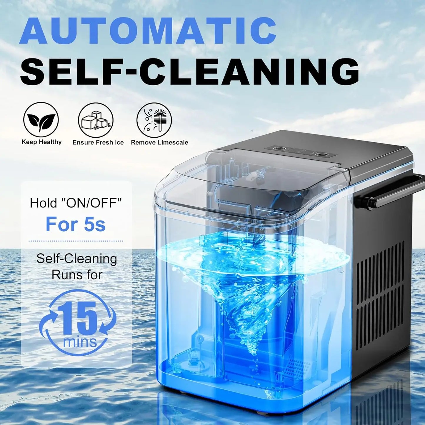 Portable Ice Maker Machine, 9 Cubes in 6 Mins, 26lbs Daily, Auto-Clean with Basket & Scoop