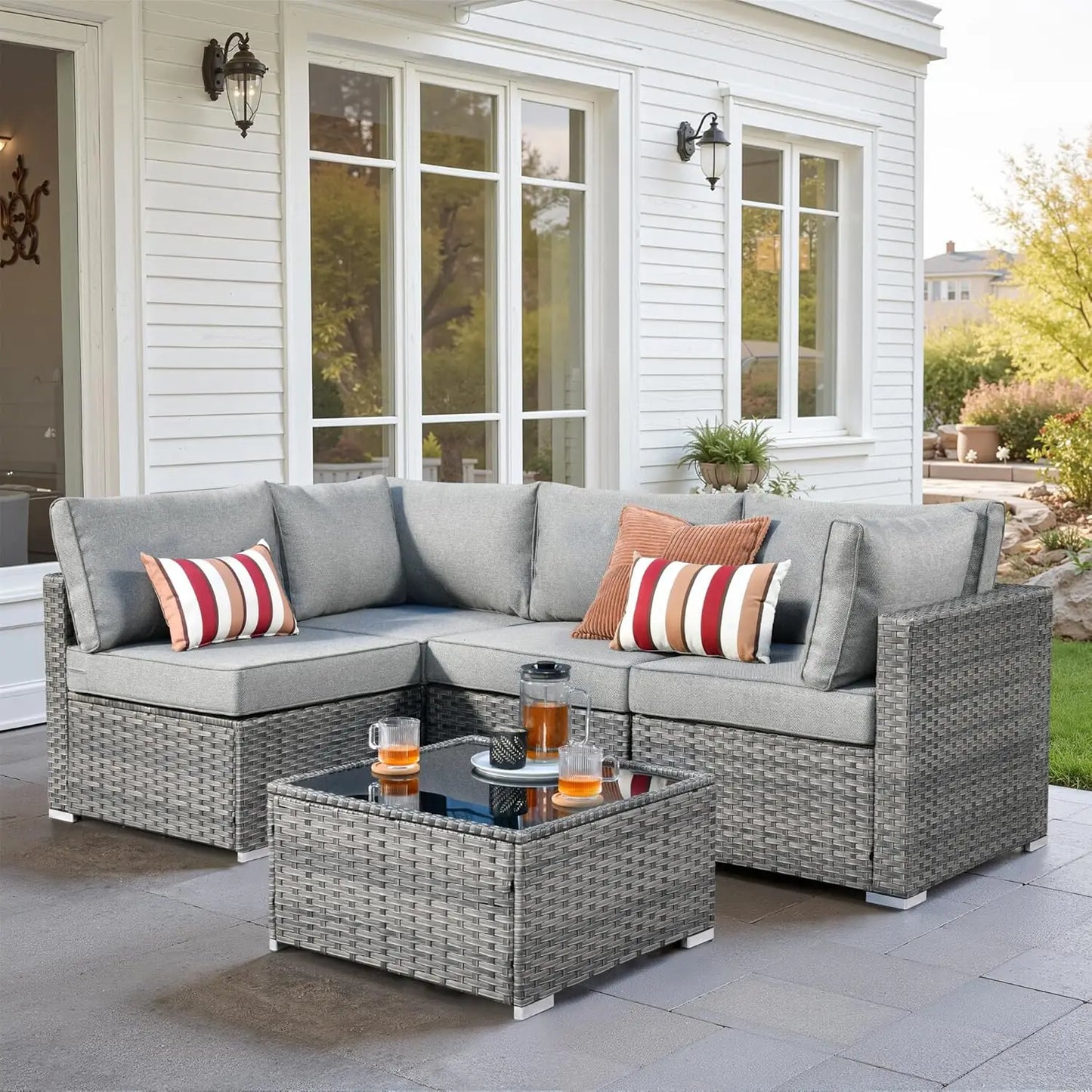 5 PCS Outdoor Patio Furniture Sets, Wicker - Weather Resistant
