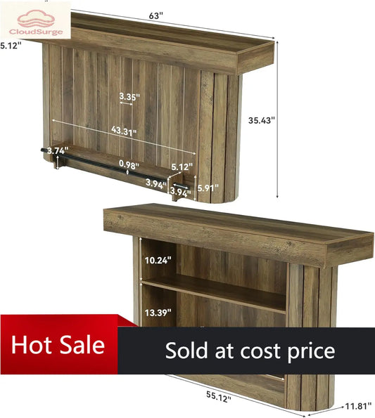 63-Inch, 3-Tier Wooden Home Bar Table with Metal Footrest