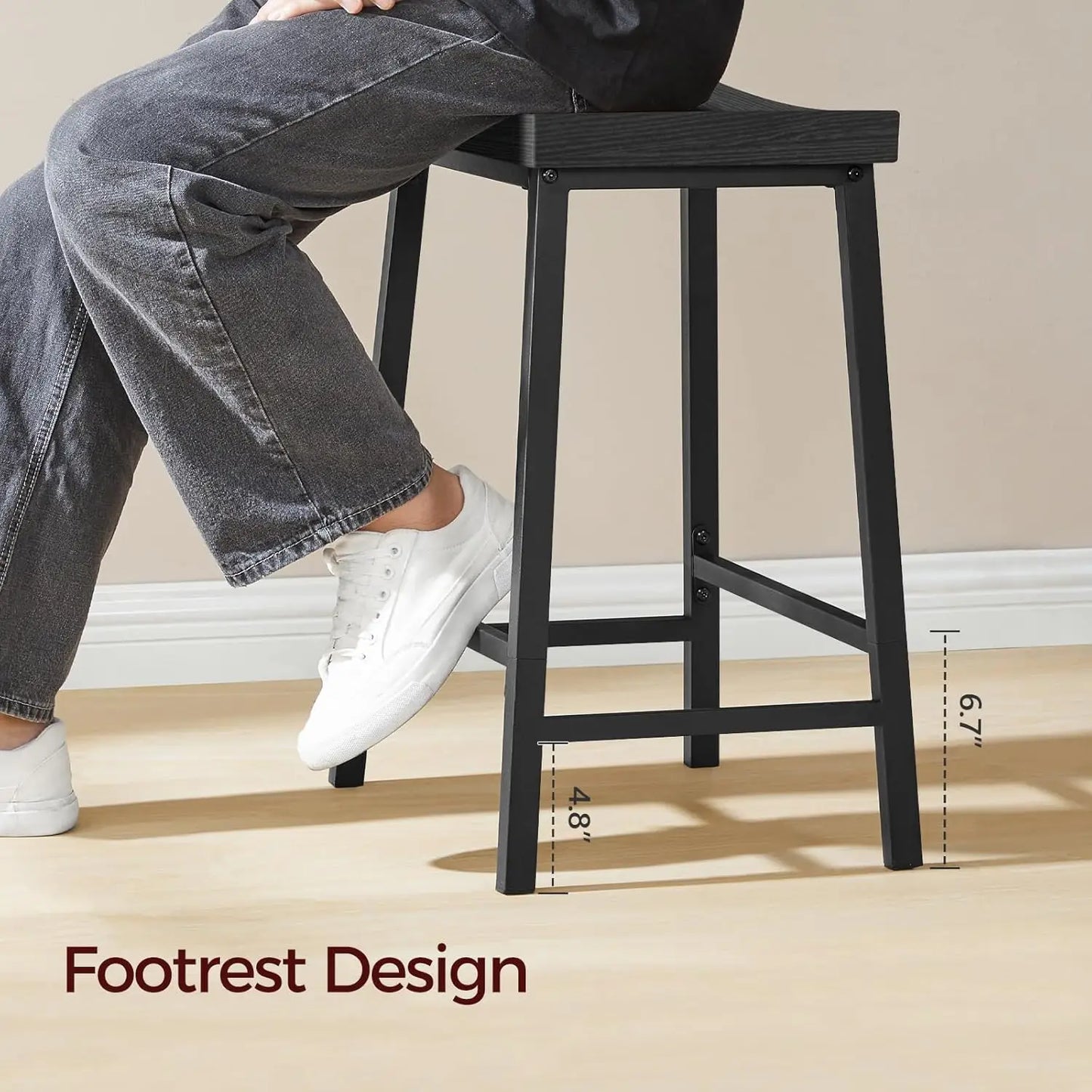 Black Bar Stools Set of 2 with Footrest, 23.7 Inch Counter Height