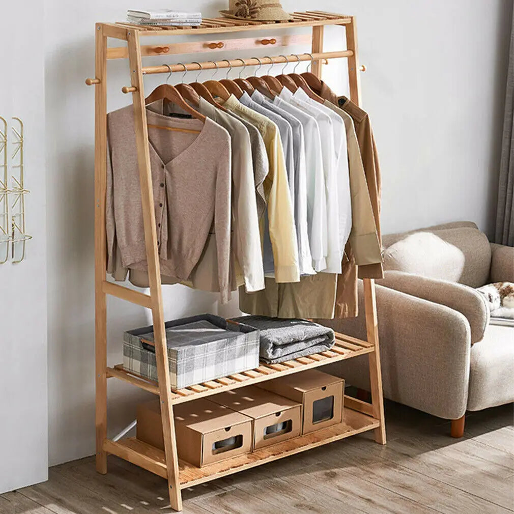 Bamboo Clothes Stand/Rack with 3 Tiers and Storage Shelves